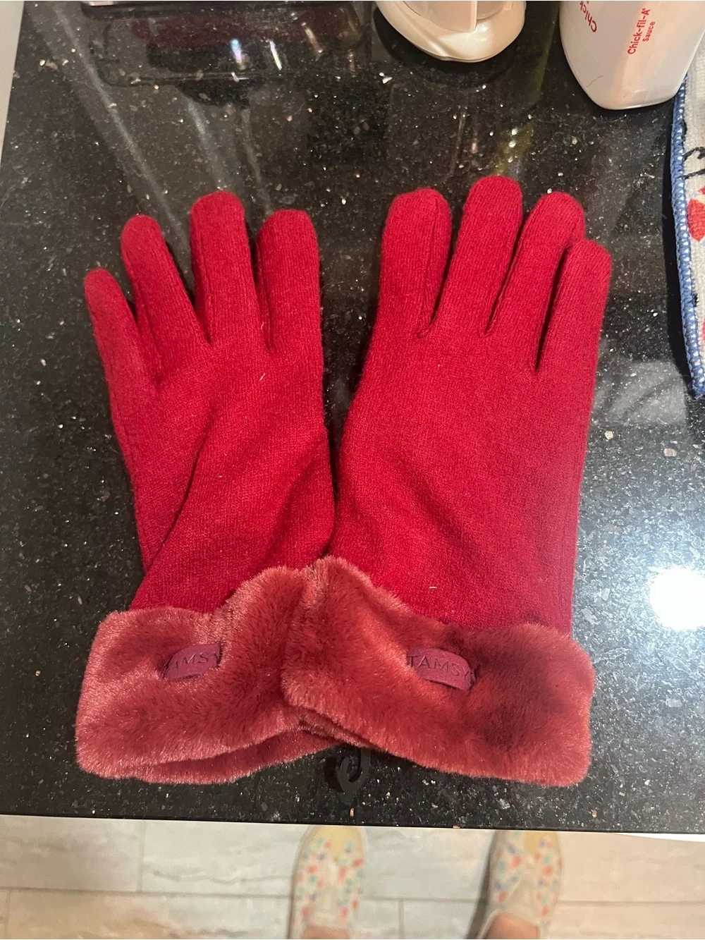 Red Faux-Fur Cuff Touchscreen Women's Winter Gloves